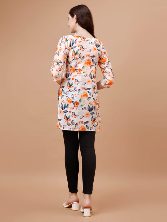 Kasha White & Orange Rose Short Mulmul Kurta