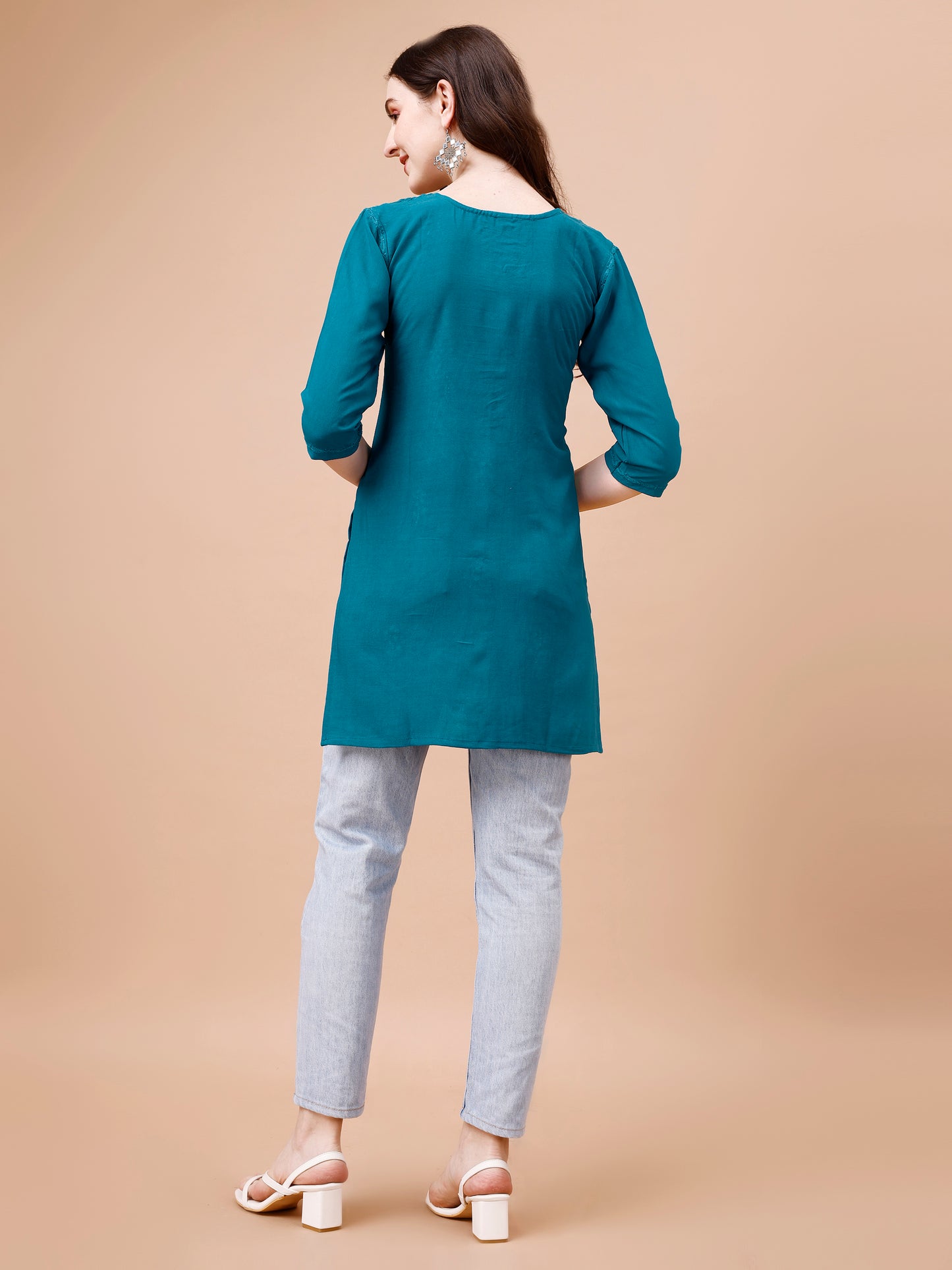 Kyara Peacock Blue Short Rayon Kurta