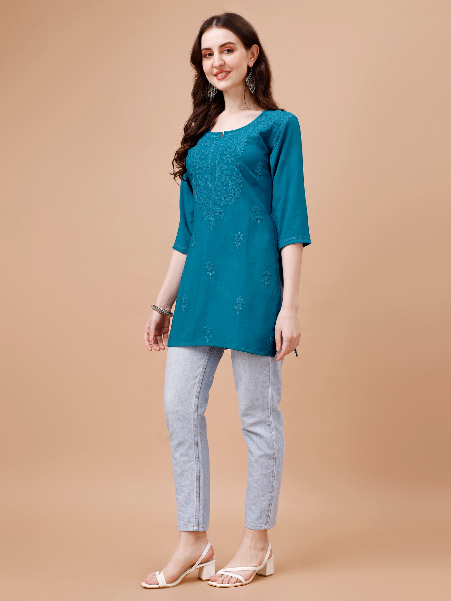 Kyara Peacock Blue Short Rayon Kurta