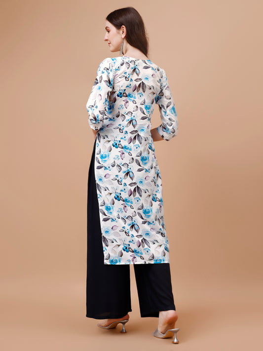 Kasha White & Blue Floral Long MulMul kurta