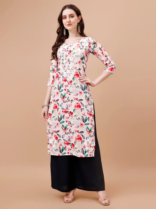 Kasha White & Red Floral Long MulMul kurta