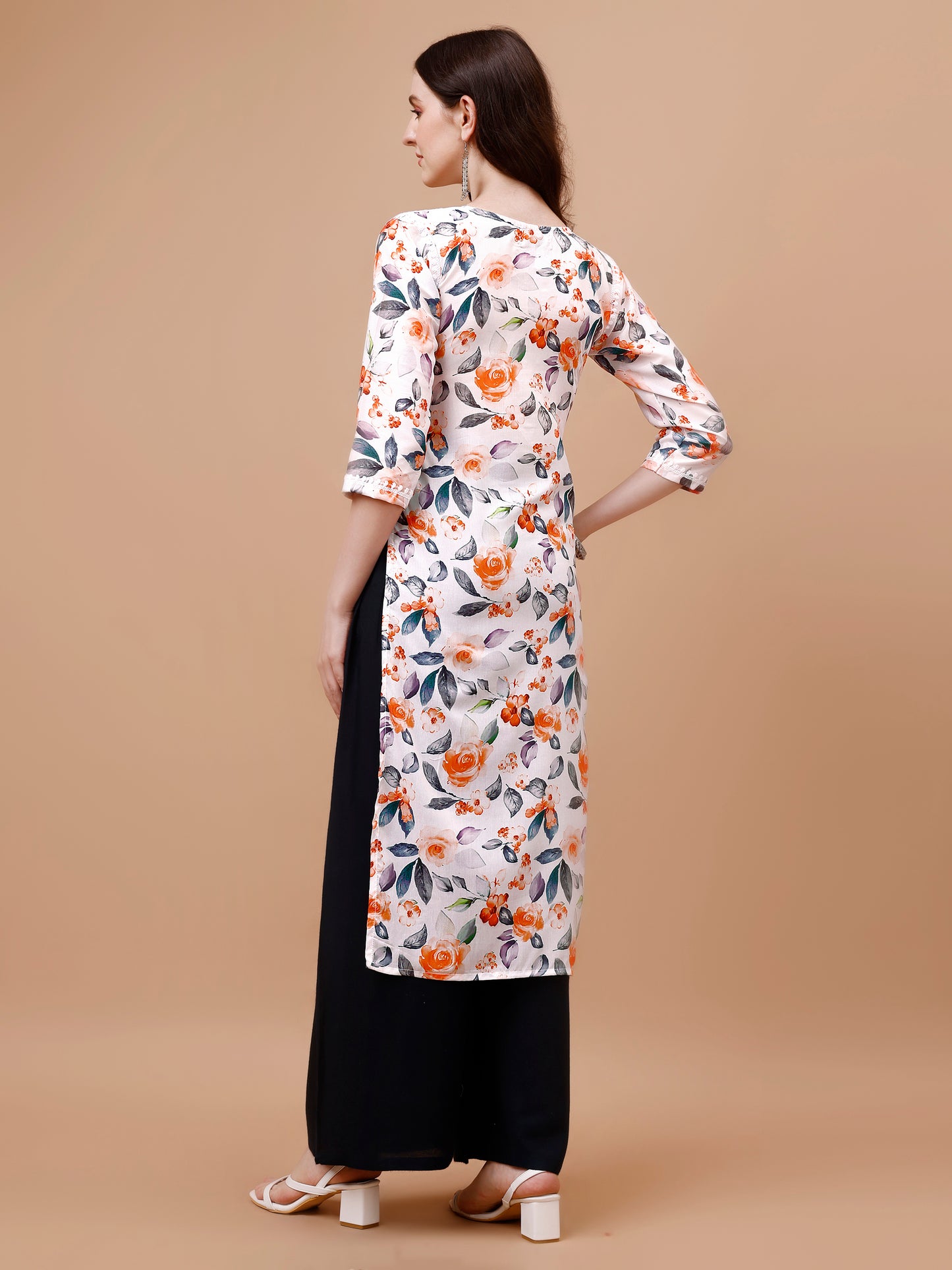 Kasha White & Orange Floral Long MulMul kurta