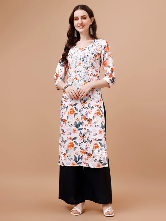 Kasha White & Orange Floral Long MulMul kurta