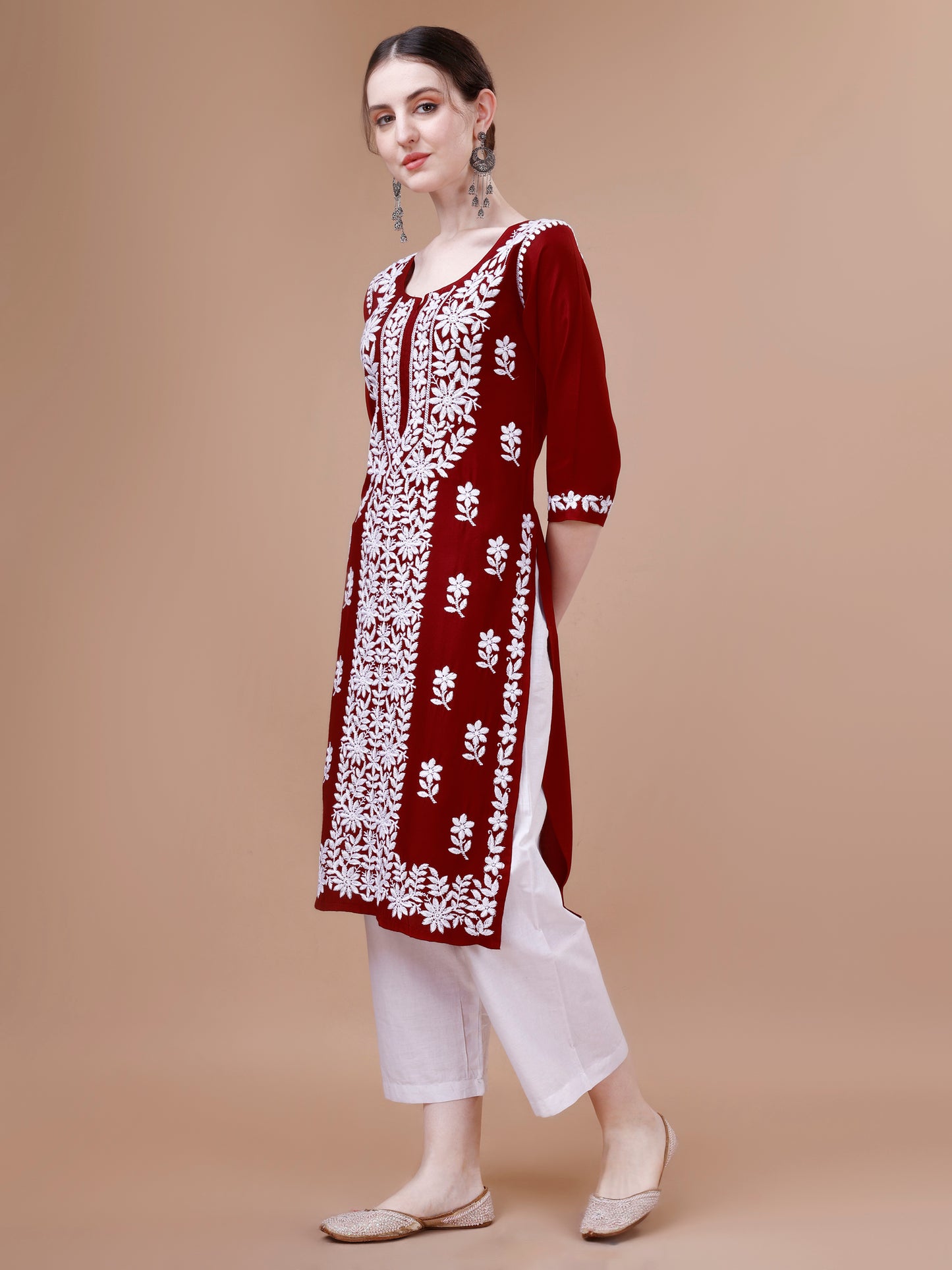 ZEENAT Maroon Long rayon Kurta