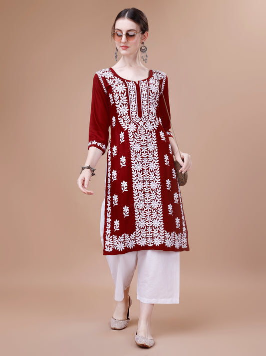 ZEENAT Maroon Long rayon Kurta