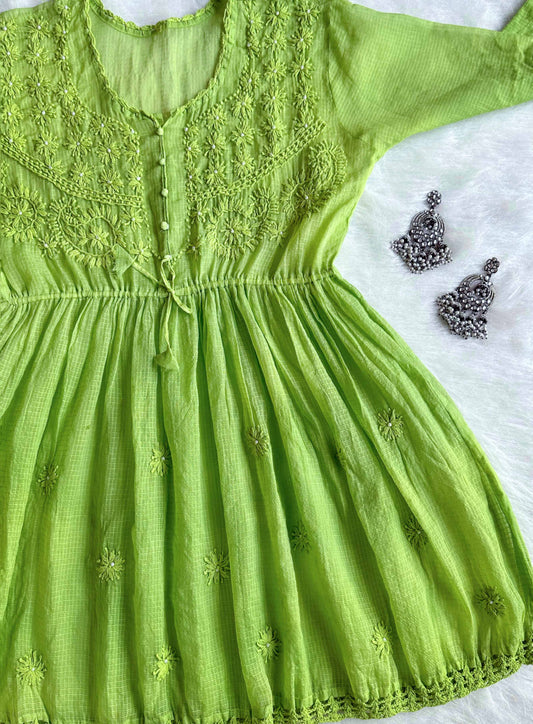 Khwaab Lime Green Kota Pearl short Frock