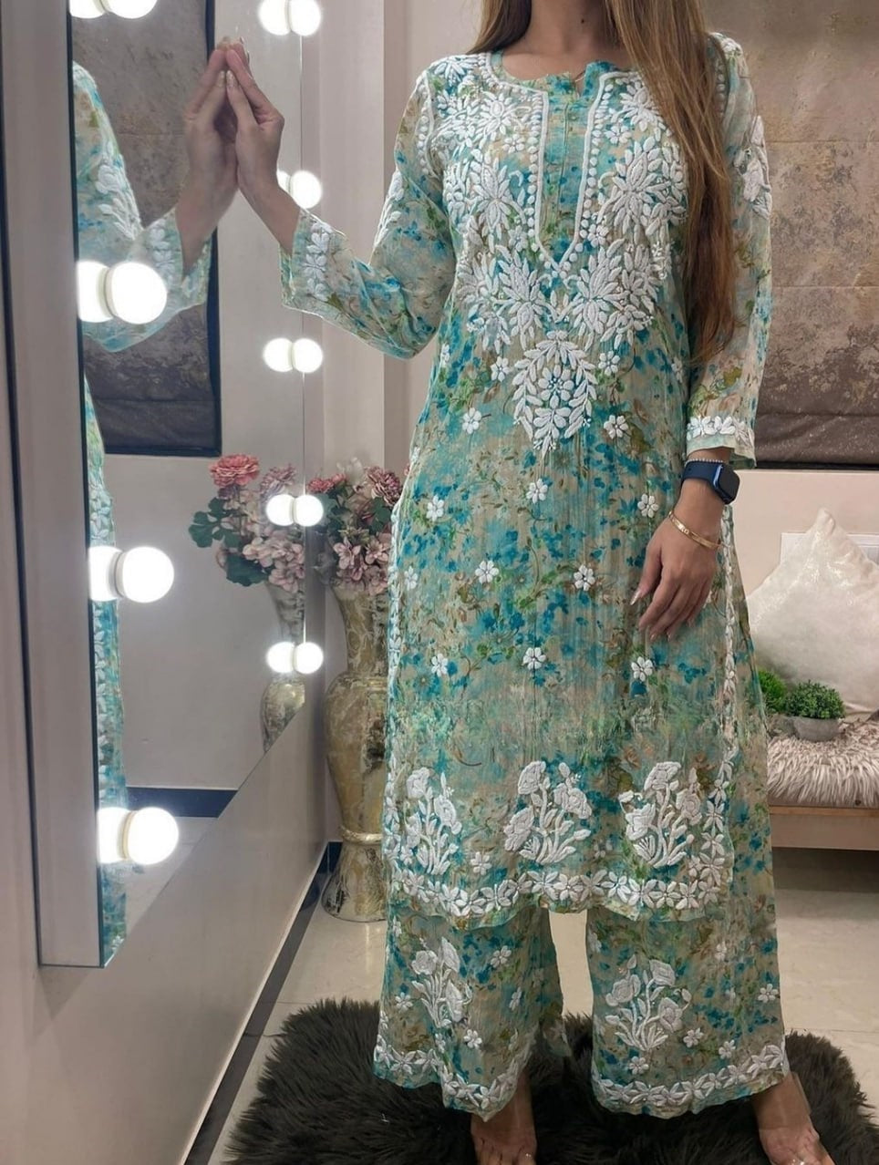 Printed Rayon Chikankari Kurta Palazzo Set