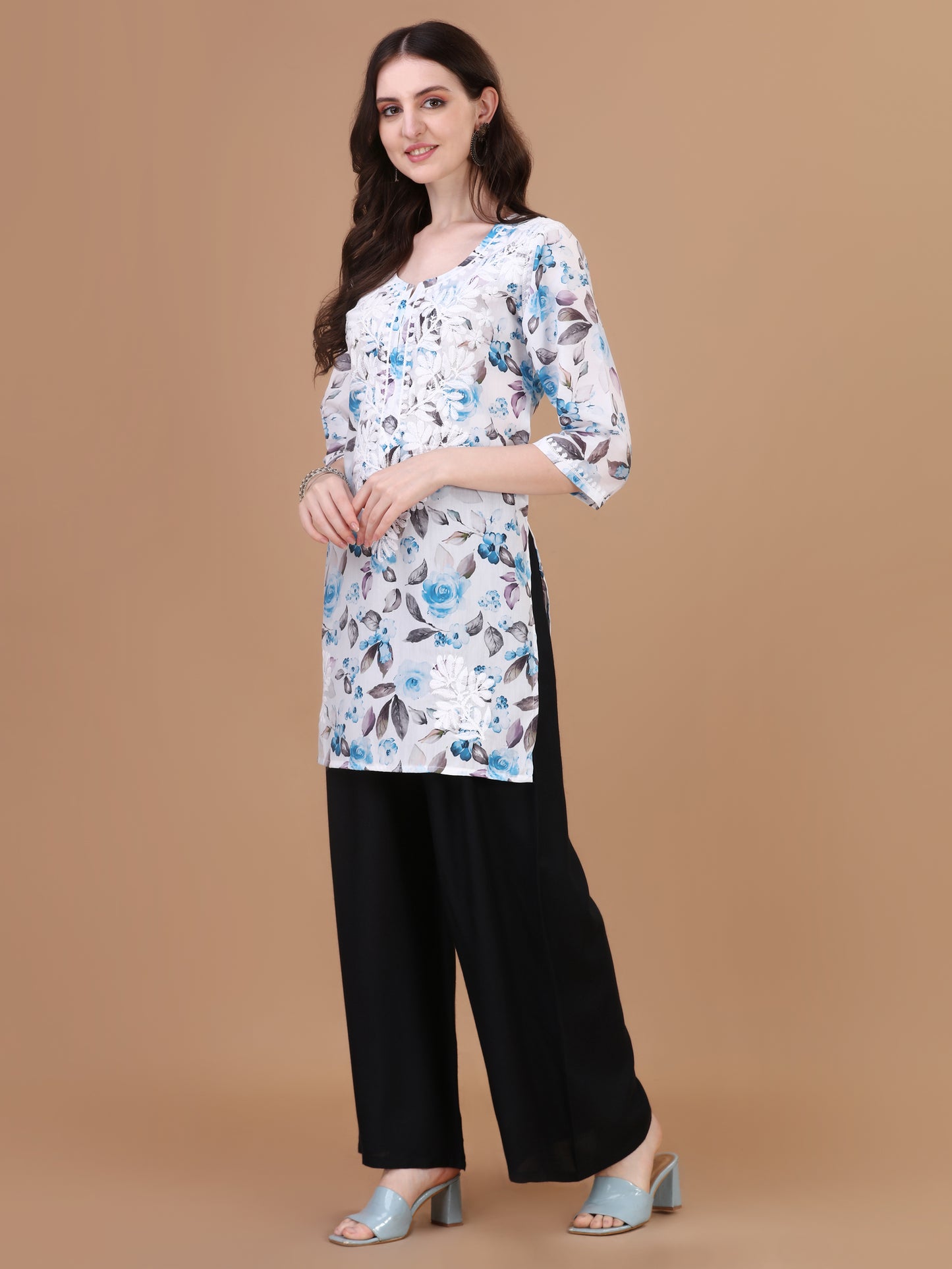 Kasha White & Blue Rose Short Mulmul Kurta