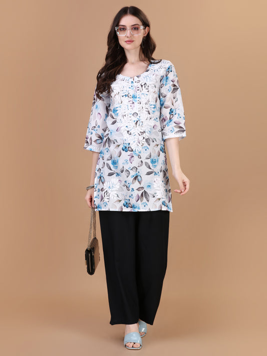 Kasha White & Blue Rose Short Mulmul Kurta