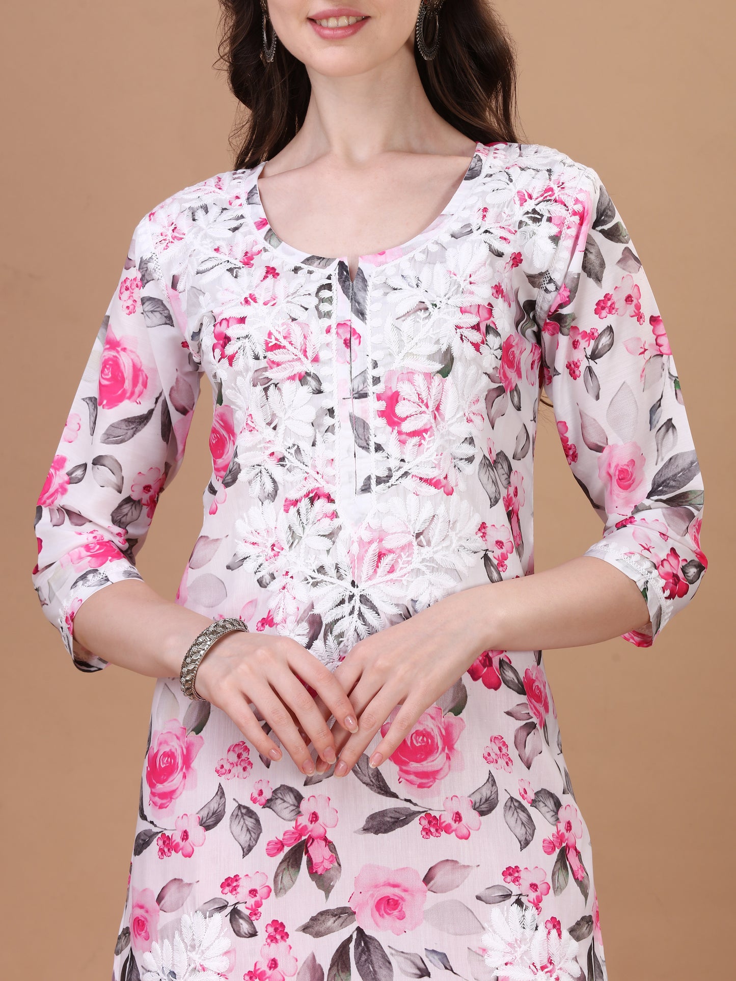 Kasha White & Pink Rose Short Mulmul Kurta