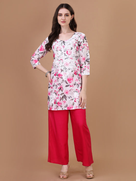 Kasha White & Pink Rose Short Mulmul Kurta