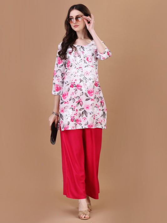 Kasha White & Pink Rose Short Mulmul Kurta