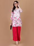 Kasha White & Pink Rose Short Mulmul Kurta