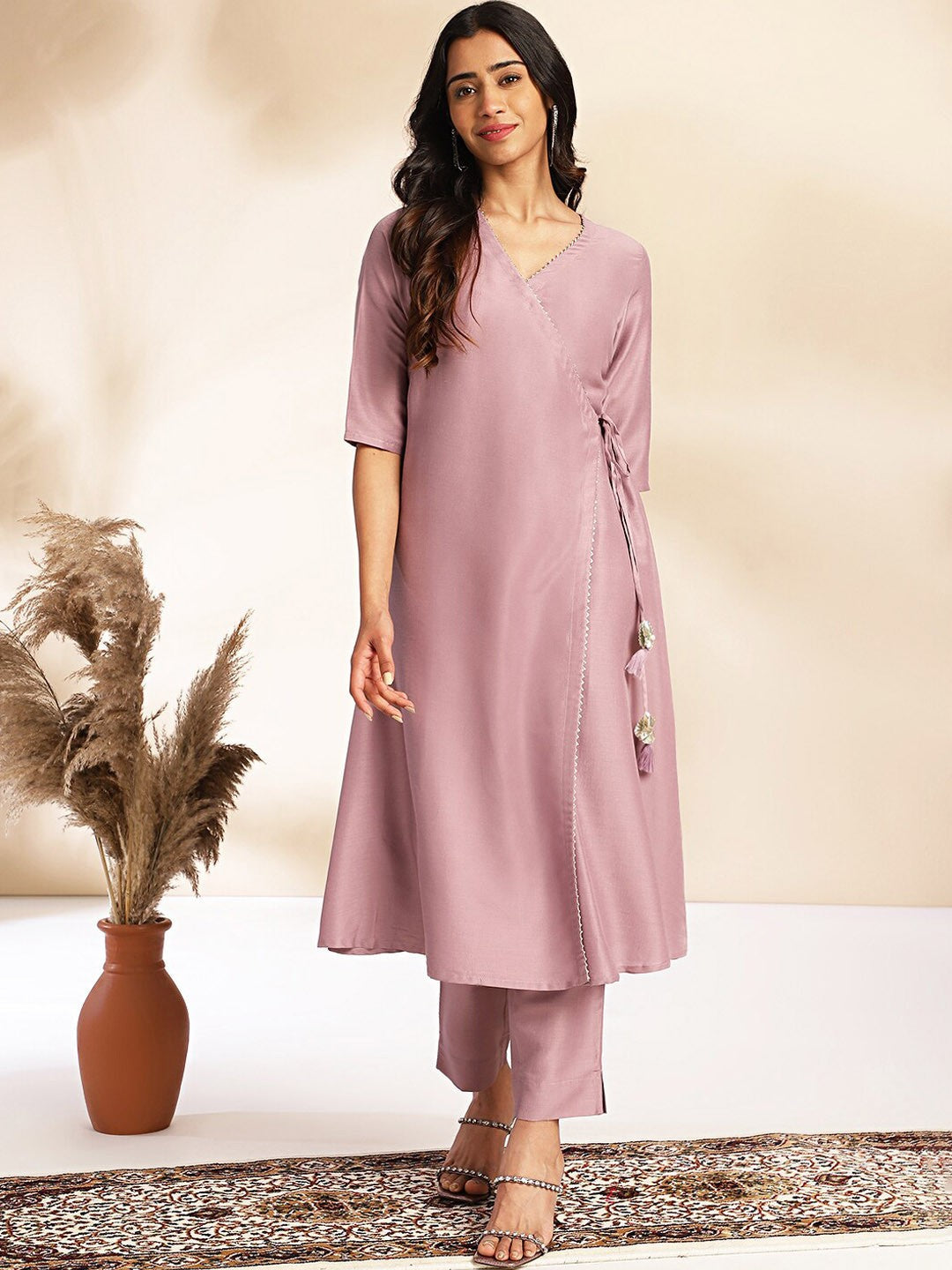 Lavender Chinnon Solid Wrap Kurta Set