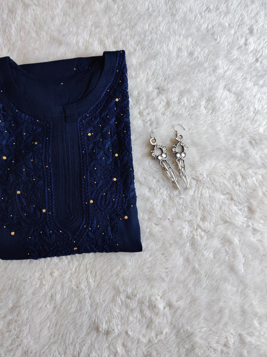 Mirha Navy Blue Rayon Sequin Embllished Long Kurta