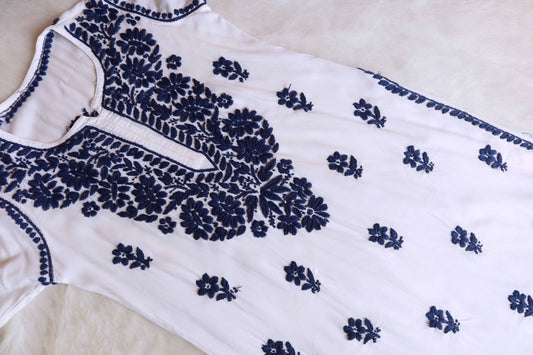 ANTARA White & Navy Blue Long Rayon kurta