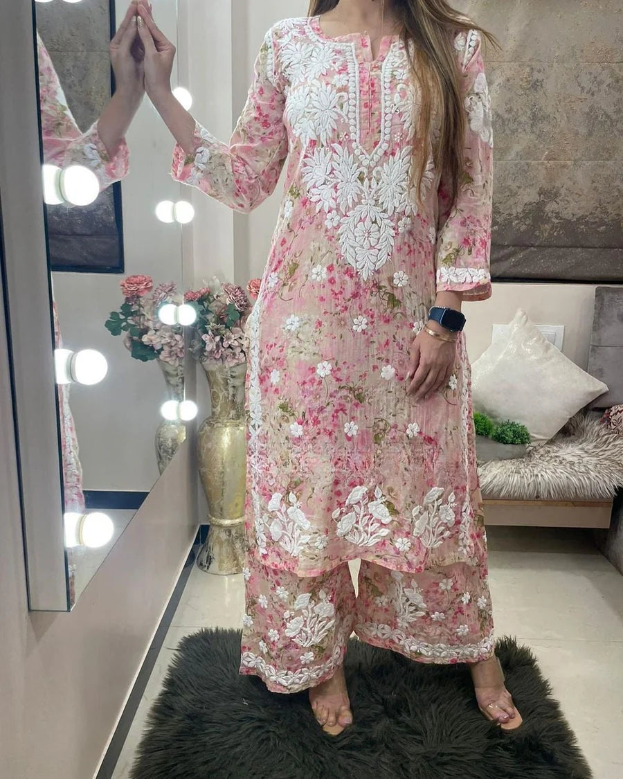 Printed Rayon Chikankari Kurta Palazzo Set