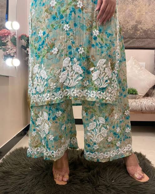 Printed Rayon Chikankari Kurta Palazzo Set