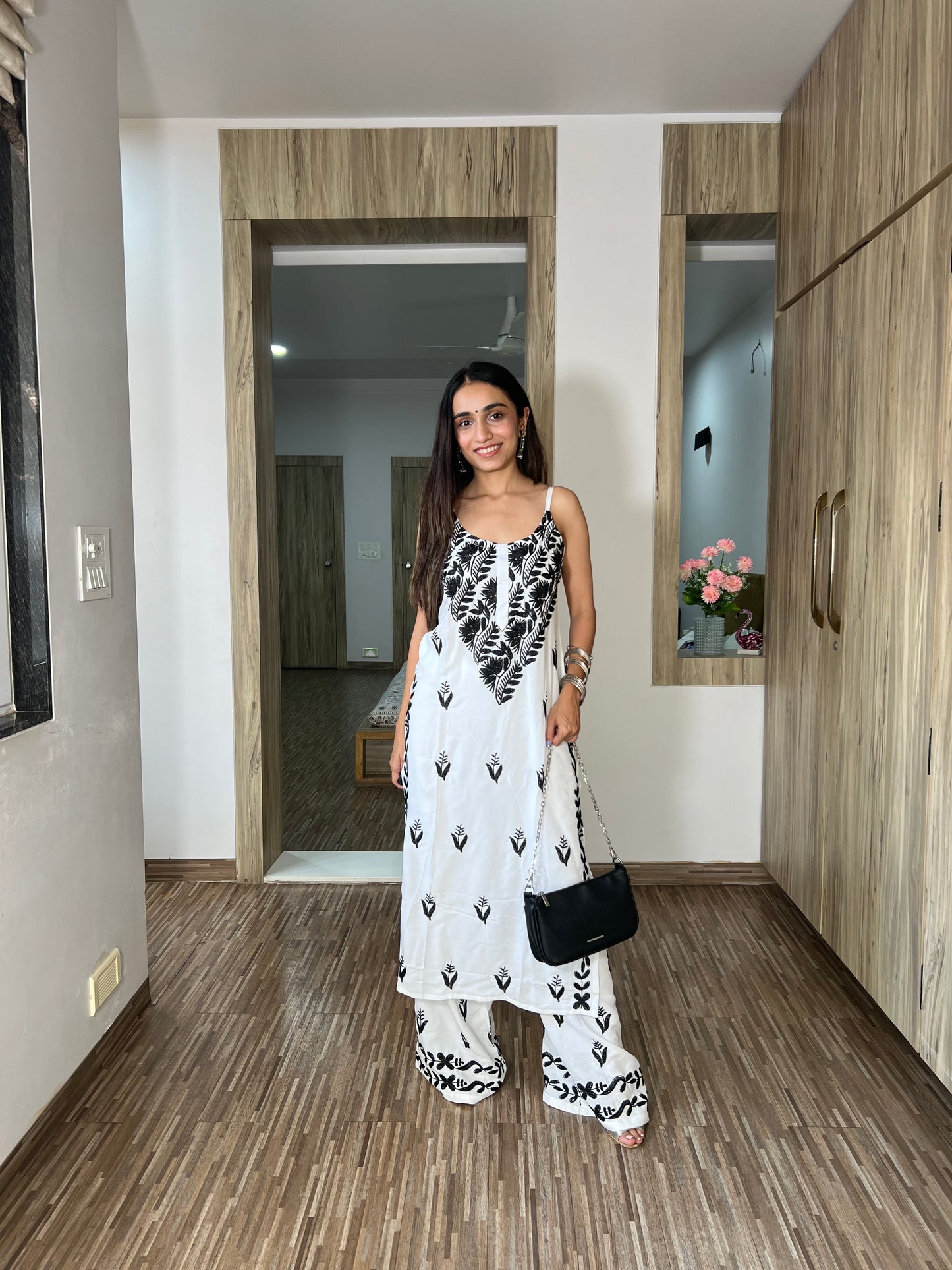 SUHANI White & Black Sleeveless Rayon Kurta Pant set