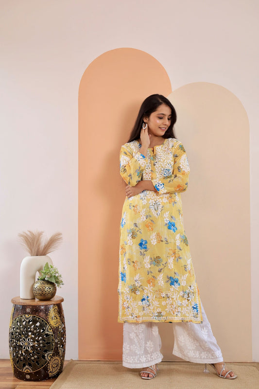 Rahat Long Rayon Chikankari Kurti ( Yellow)