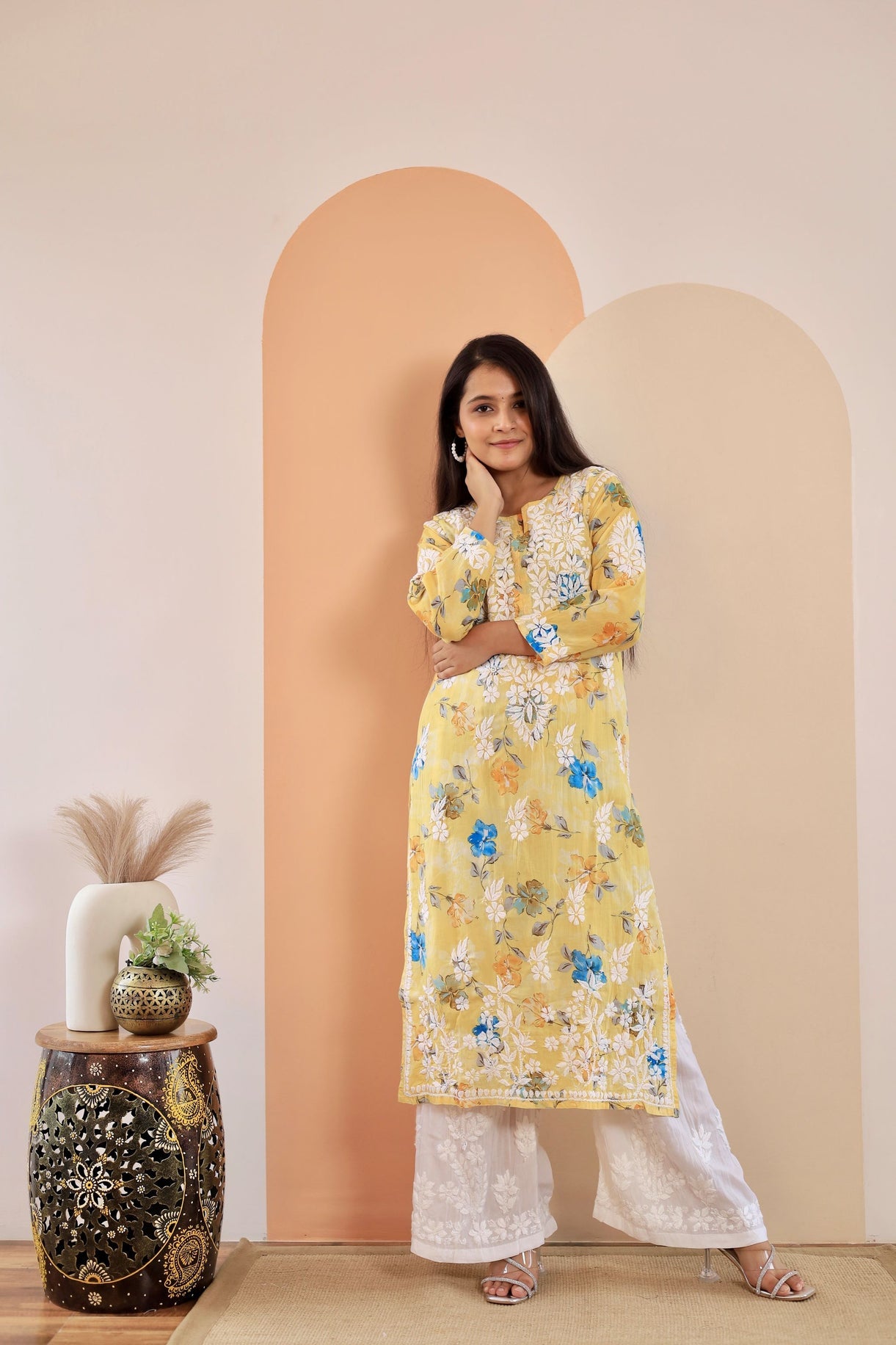 Rahat Long Rayon Chikankari Kurti ( Yellow)