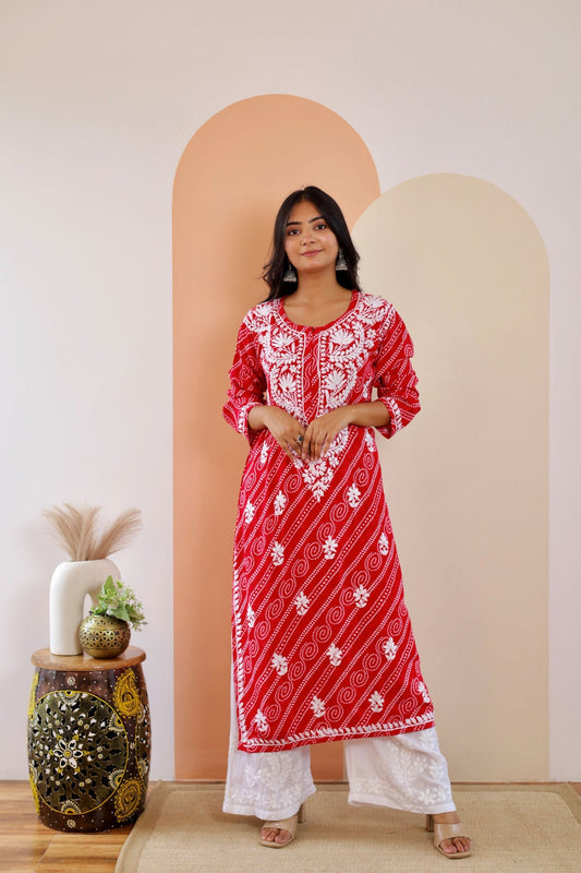 Naaz Long Chikankari Kurti in Red