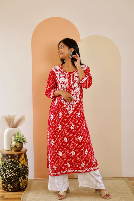 Naaz Long Chikankari Kurti in Red