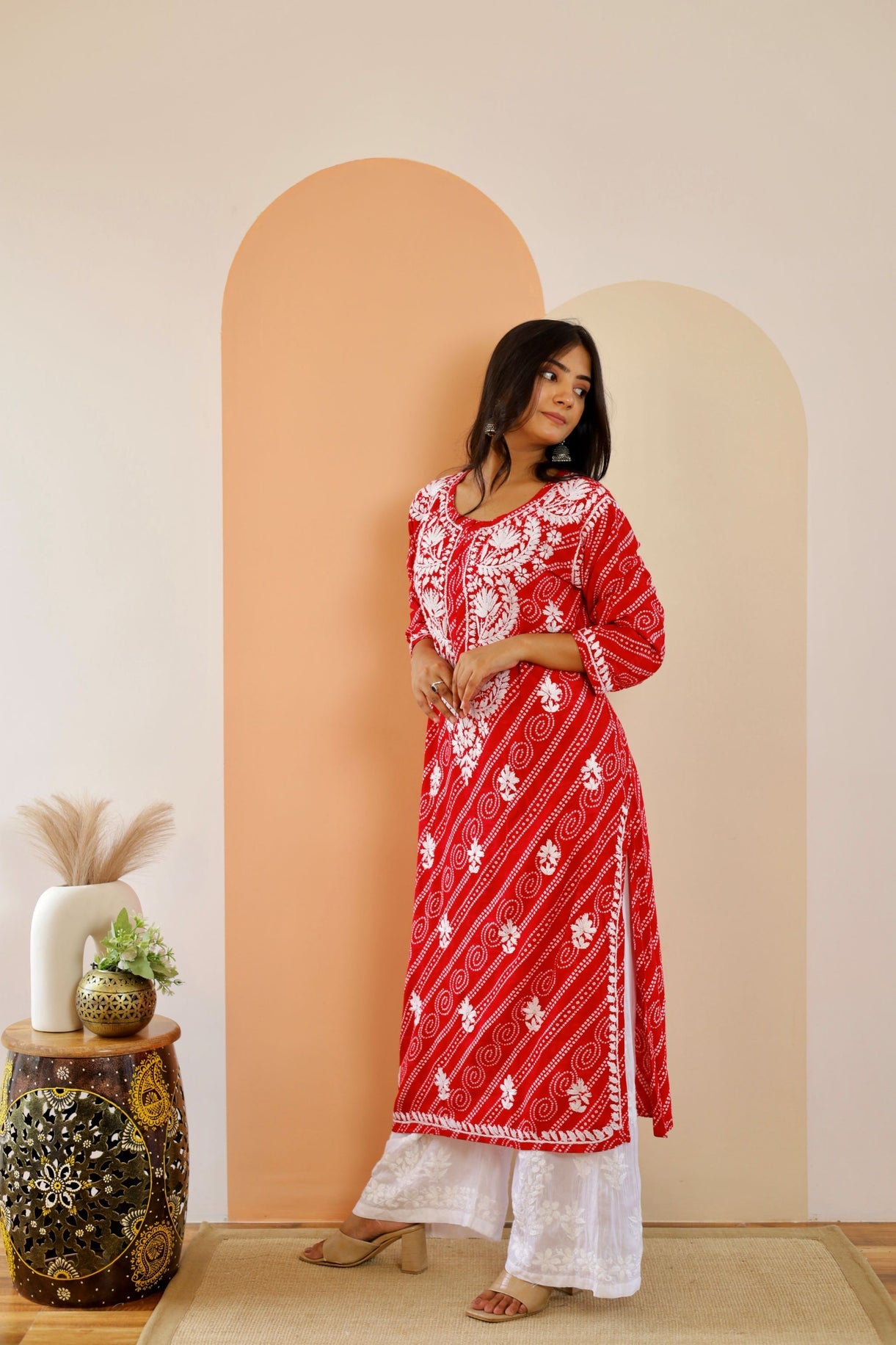 Naaz Long Chikankari Kurti in Red