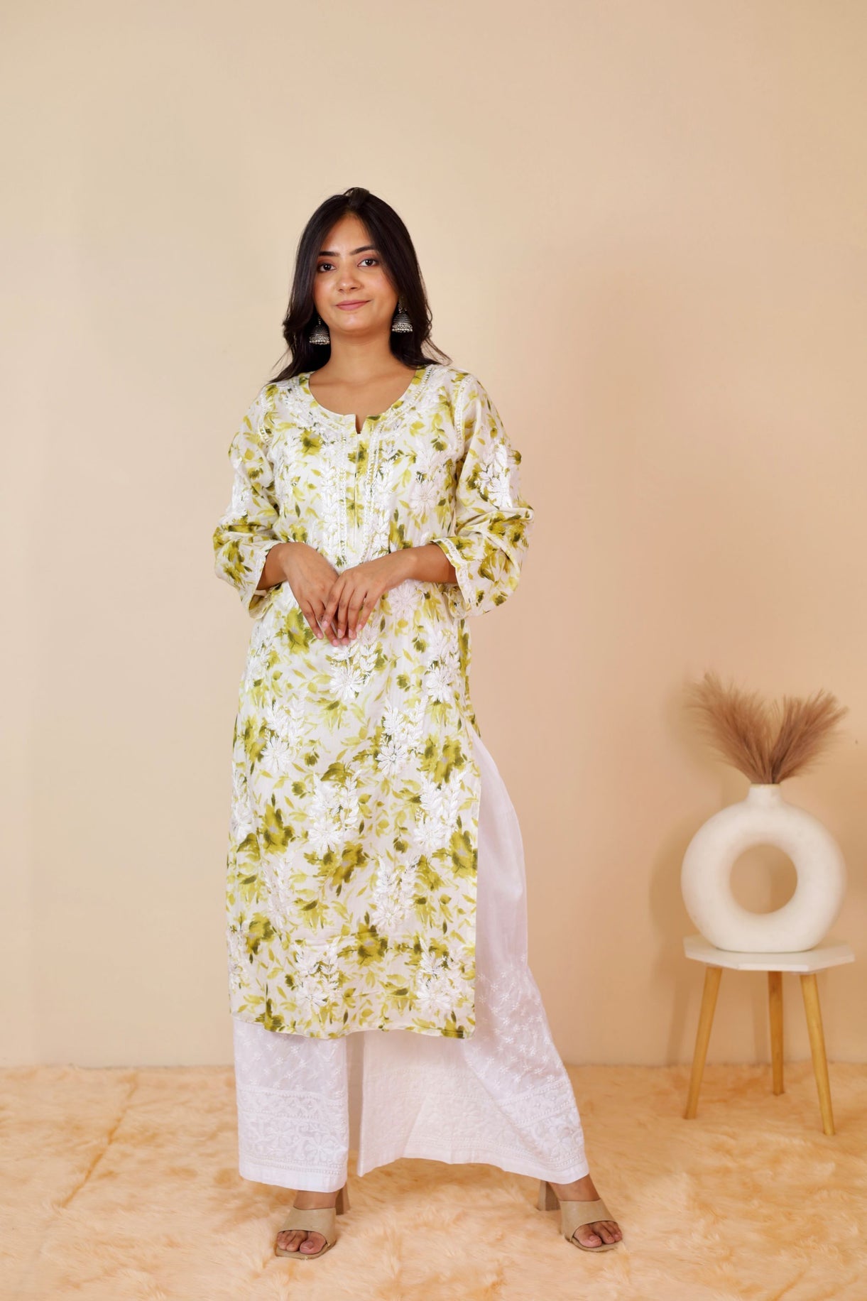 Aisha Rayon Long Chikankari Kurti ( Light Green)