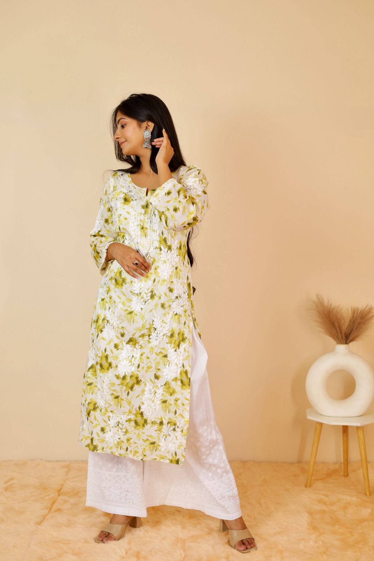 Aisha Rayon Long Chikankari Kurti ( Light Green)