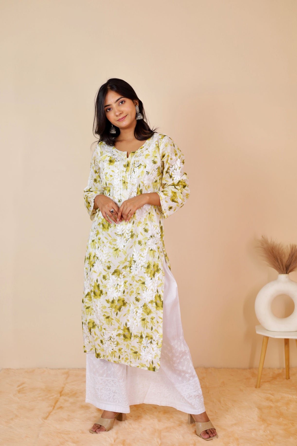 Aisha Rayon Long Chikankari Kurti ( Light Green)