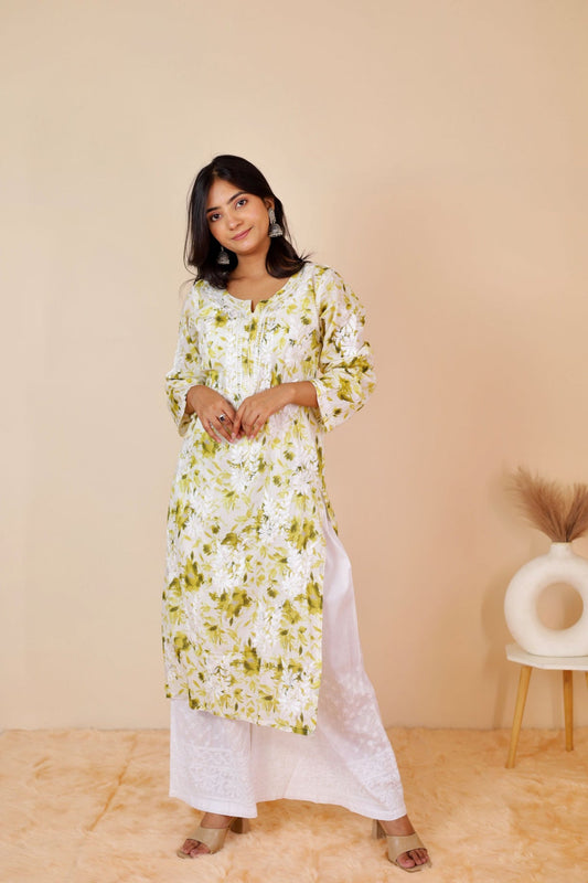 Aisha Rayon Long Chikankari Kurti ( Light Green)