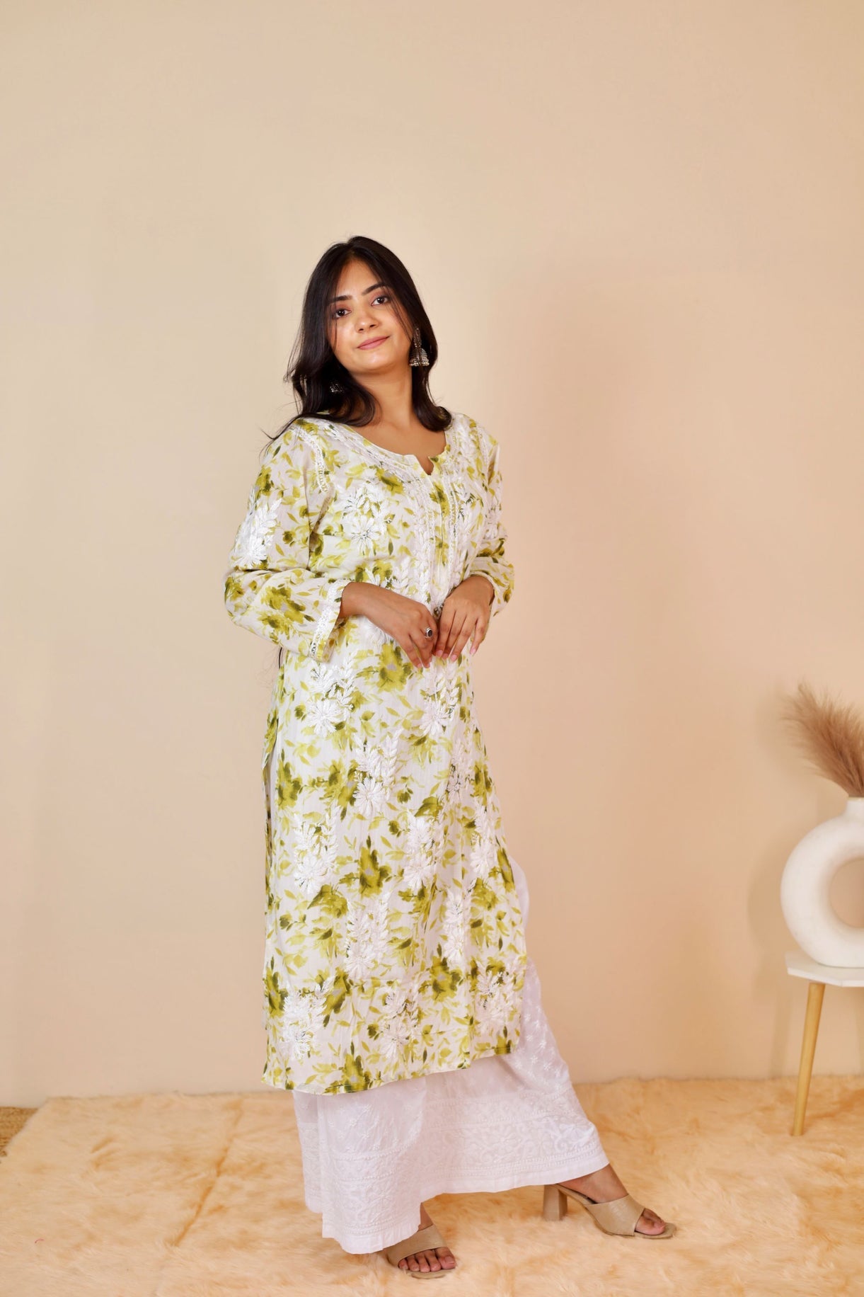 Aisha Rayon Long Chikankari Kurti ( Light Green)