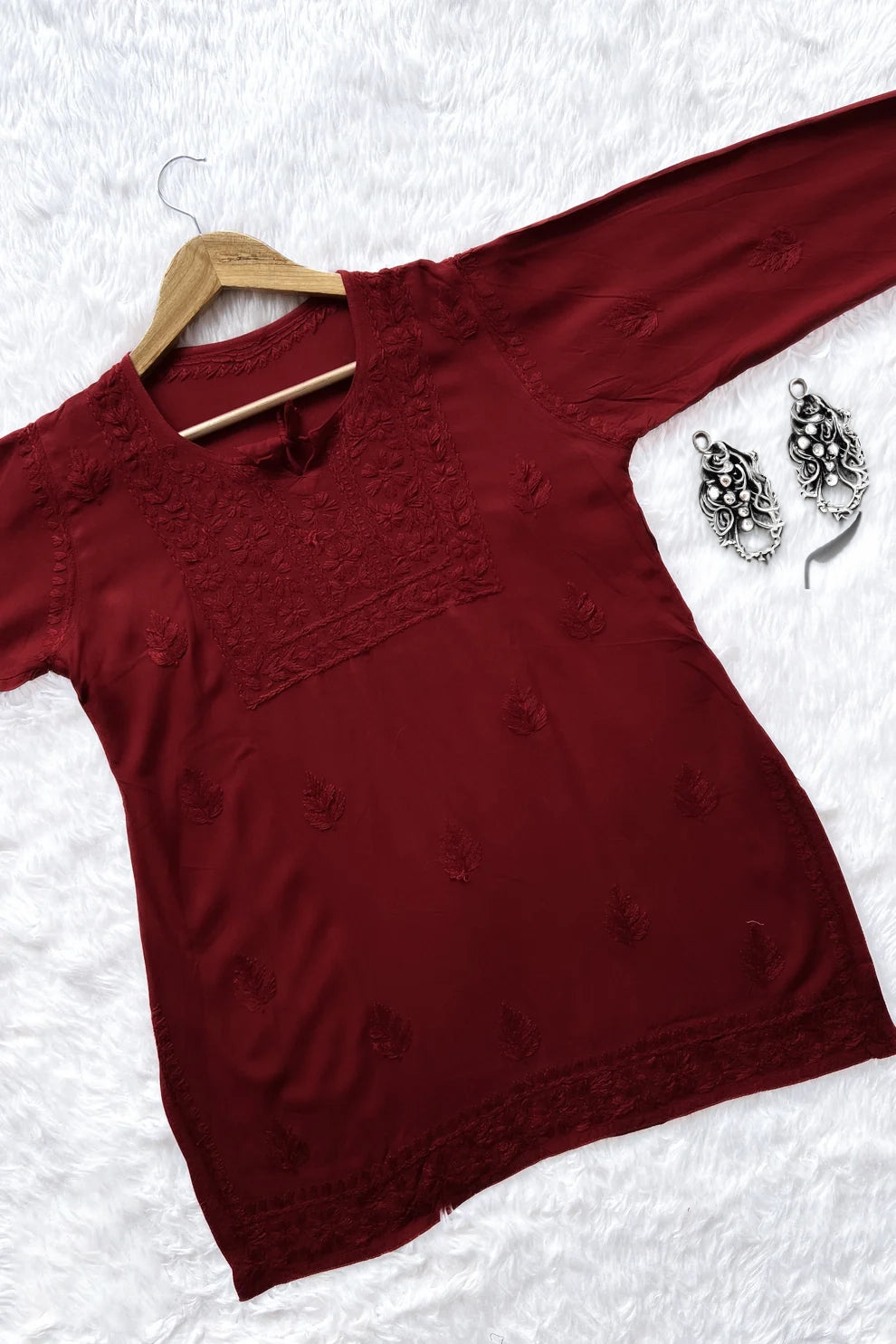 Safina Maroon Chikankari Rayon Short Kurti