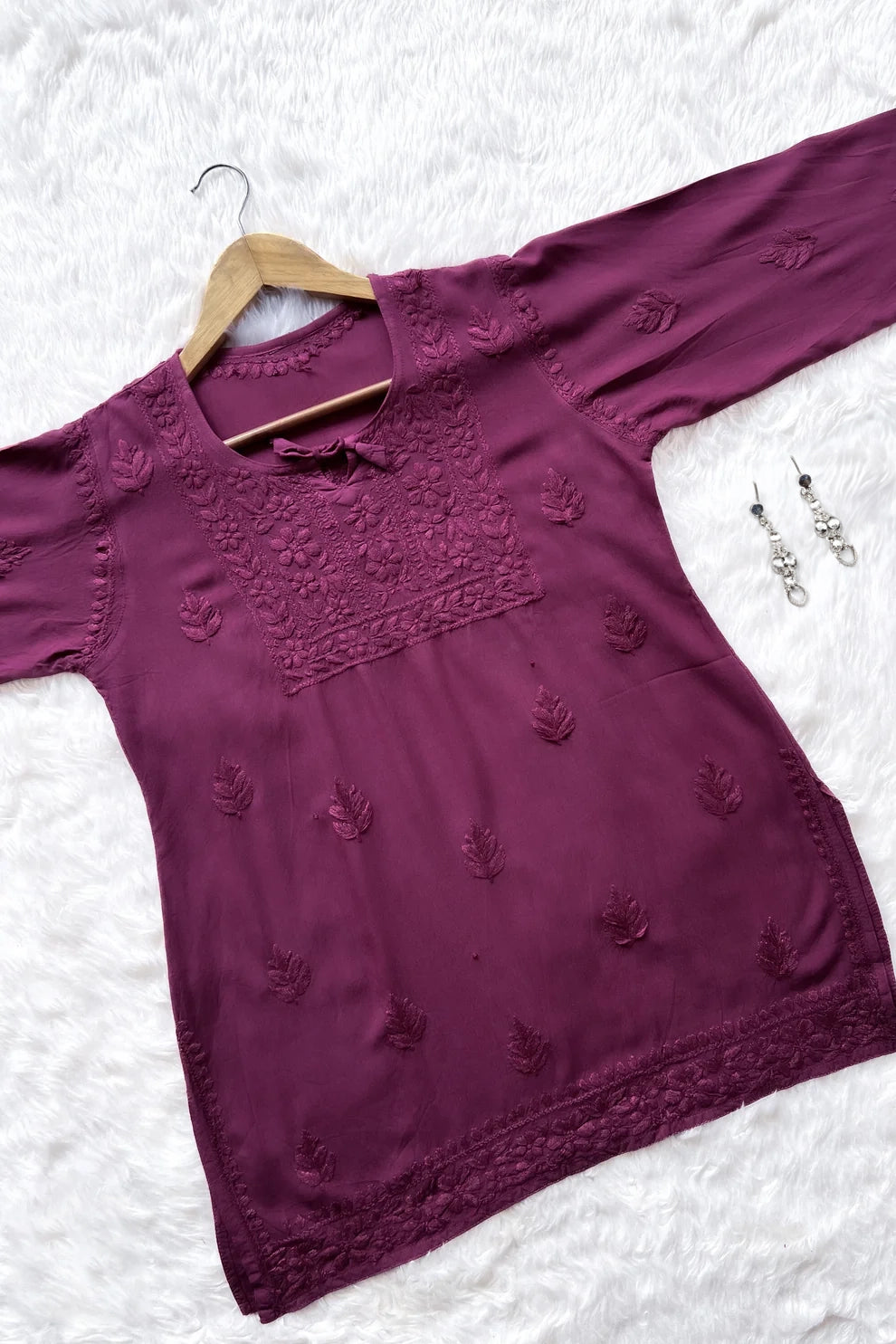 Safina Wine Chikankari Rayon Short Kurti