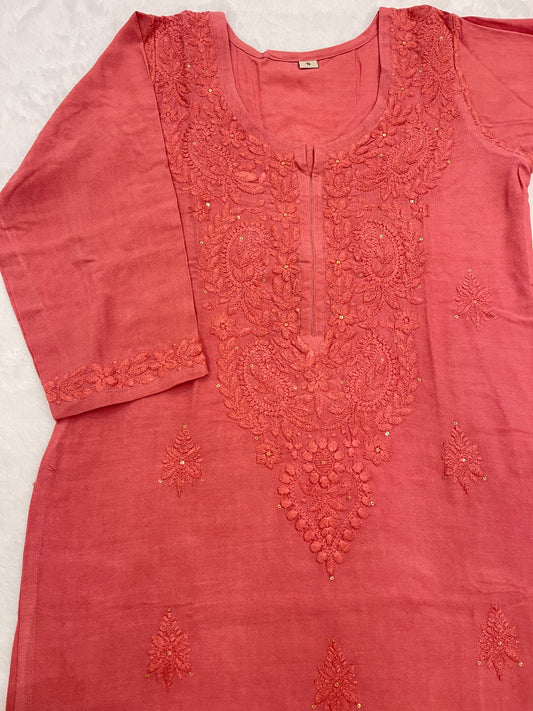 Mirha Coral Pink Rayon Sequin Embllished Long Kurta