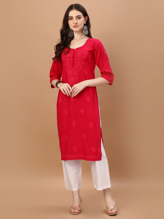 Anouki  Red Rayon Cotton Kurta