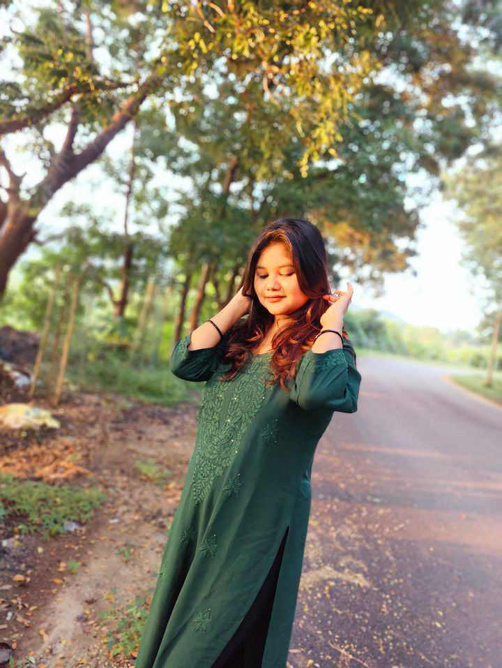 MIRHA BOTTLE GREEN RAYON SEQUIN EMBLLISHED LONG KURTA