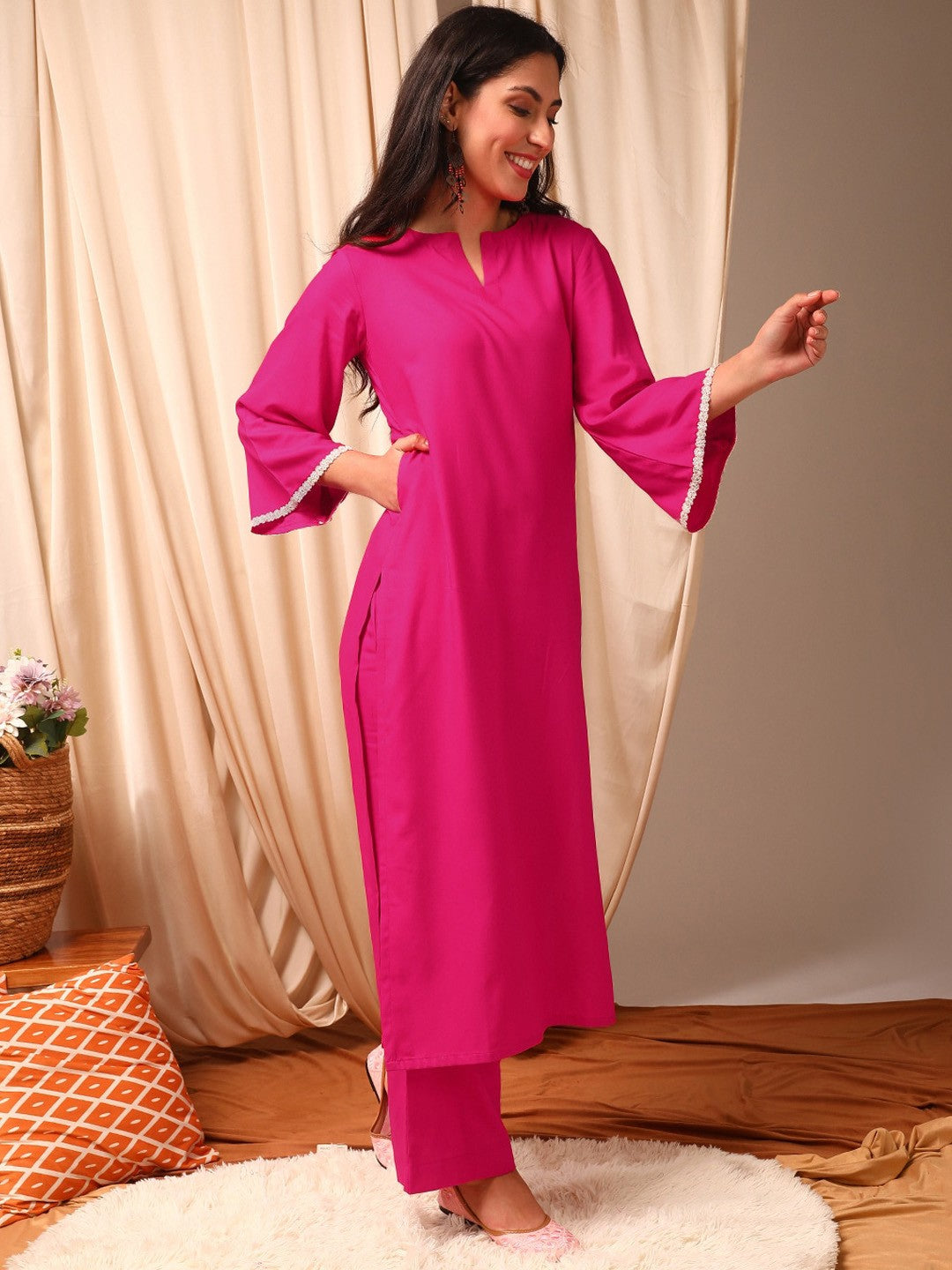 Magenta solid Kurta with Trousers