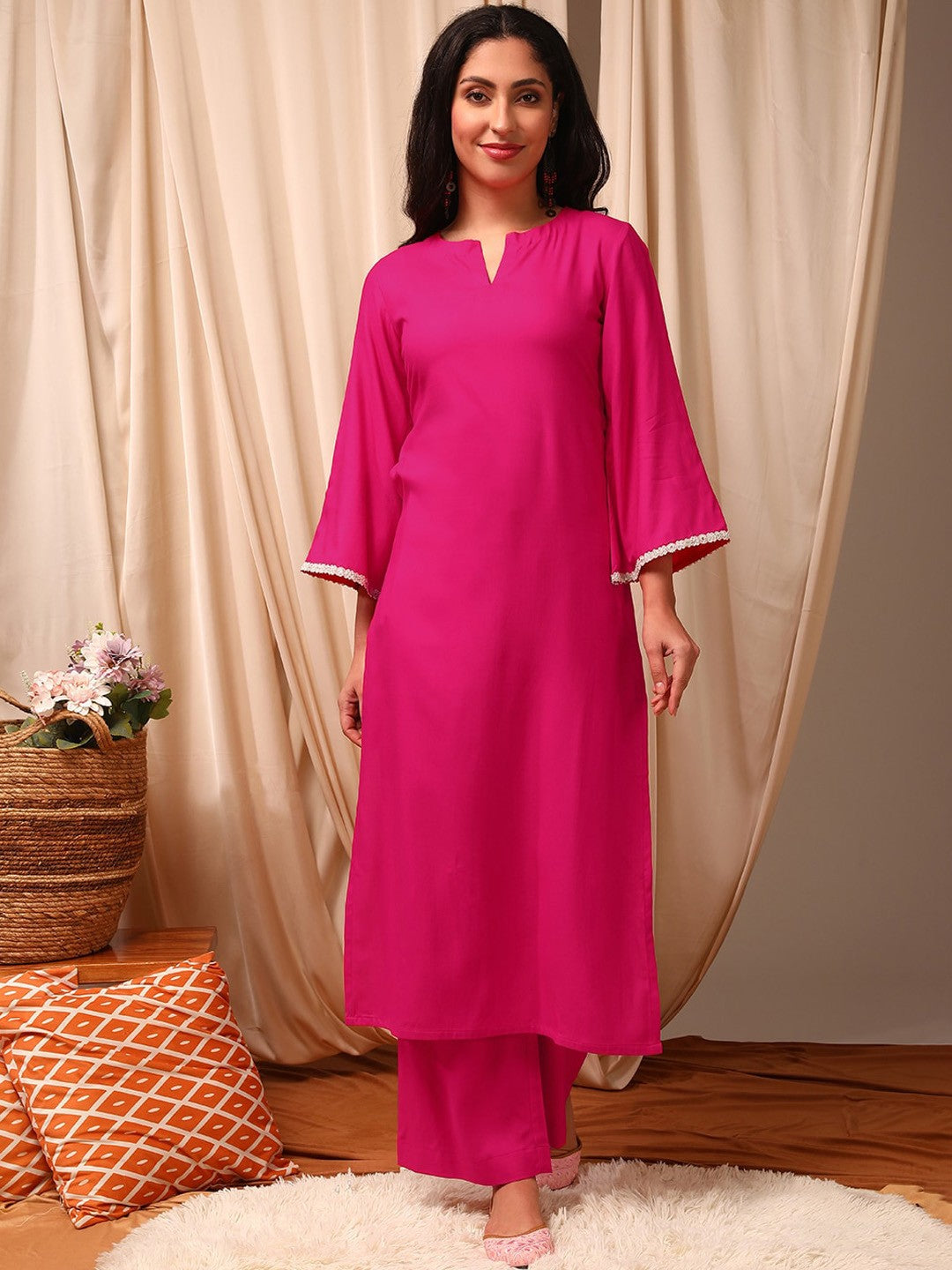 Magenta solid Kurta with Trousers