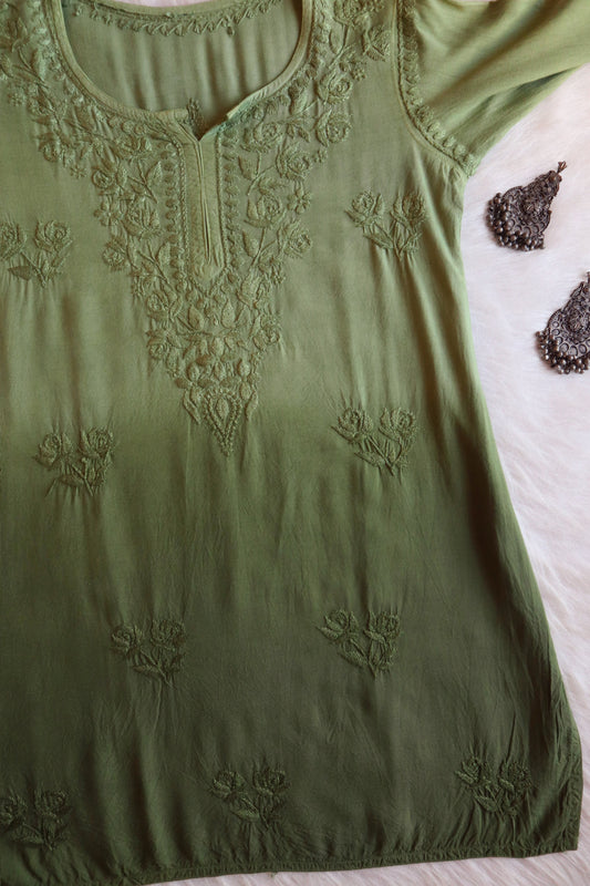 Gulab Moss Green Ombre Short Rayon Kurta